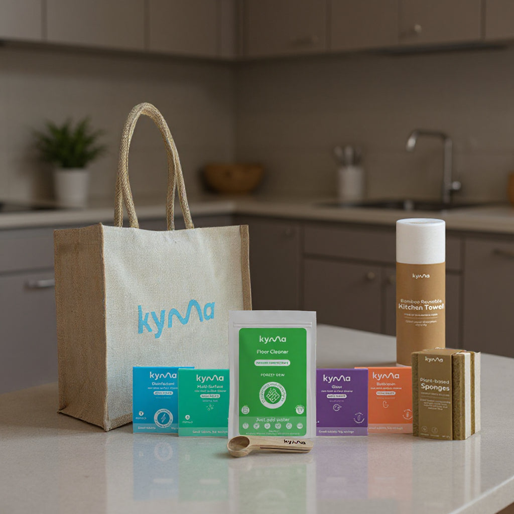 Kyma Clean Bundle featuring eco-friendly cleaning refills, reusable bamboo towels, and sponges with a Kyma tote bag. The sustainable home cleaning essentials.