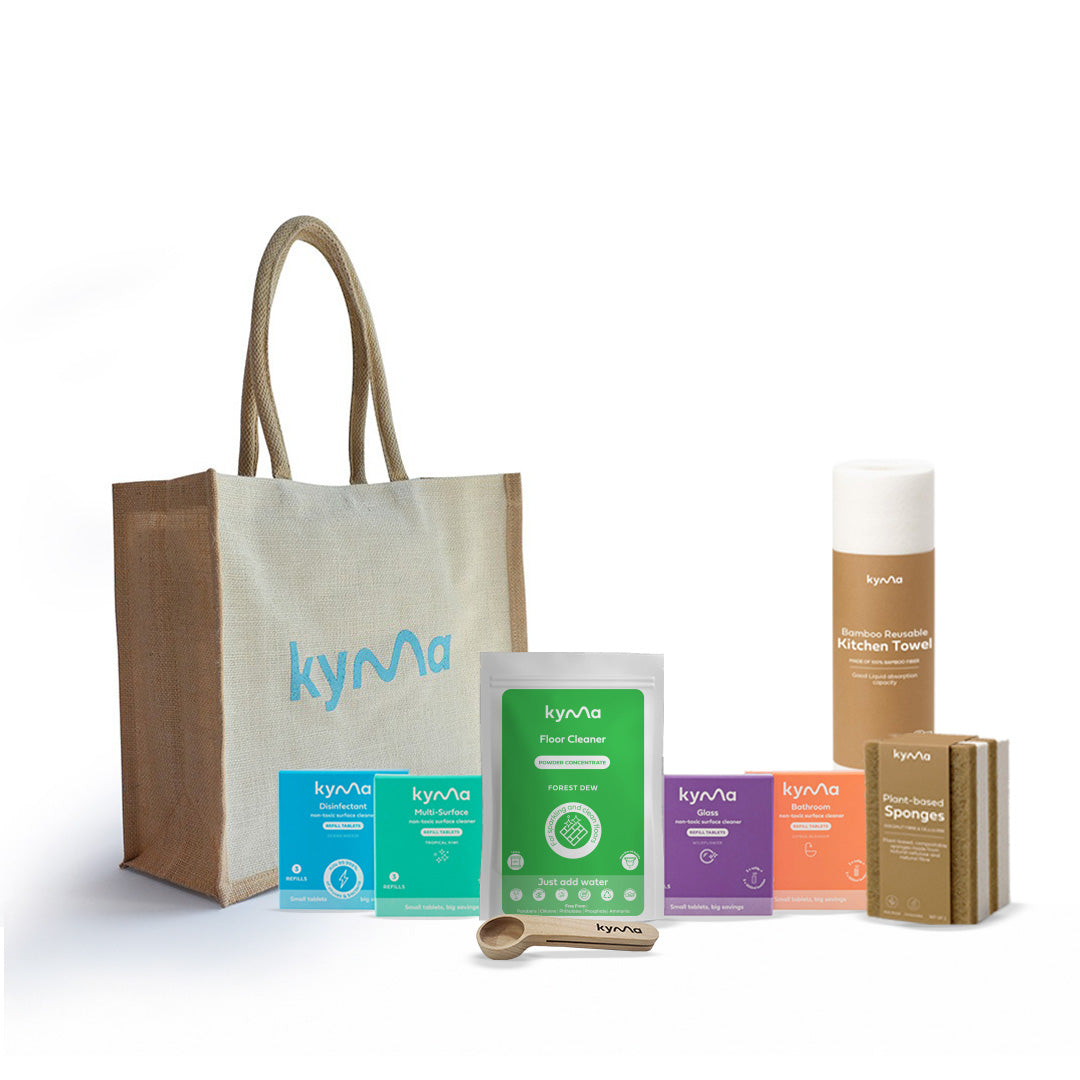 Kyma Clean Bundle with eco-friendly, non-toxic refillable cleaning products for sustainable home cleaning essentials for a safe and plastic-free UAE home.