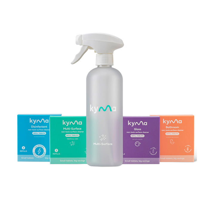 Kyma Fab Four Bundle featuring eco-friendly Disinfectant, Multi-Surface, Glass, and Bathroom cleaner tablets with a reusable spray bottle.