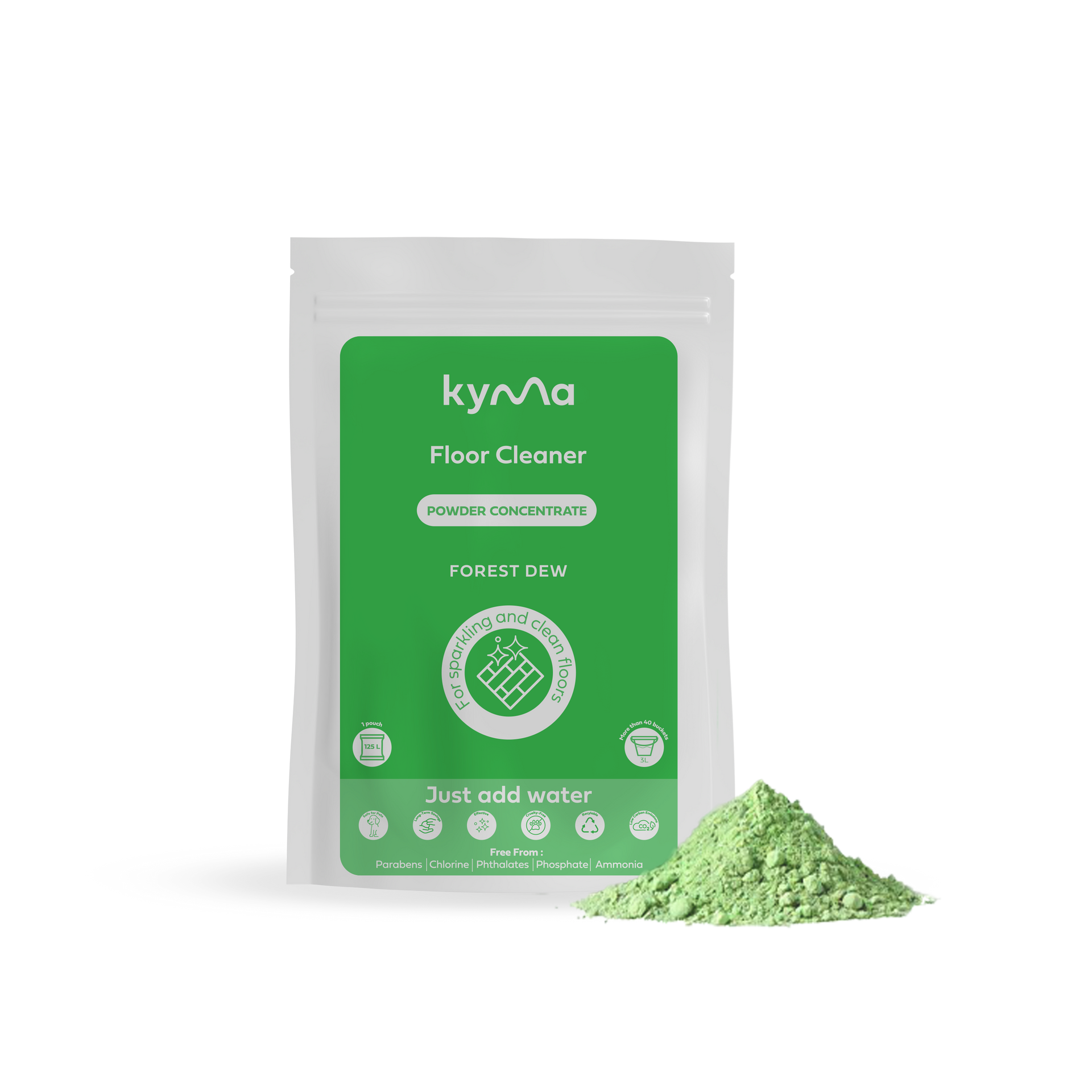 Kyma Floor Cleaner in Forest Dew variant, featuring an eco-friendly powder concentrate pouch with natural green cleaning powder beside it designed for sparkling, chemical-free floors with a refreshing scent.