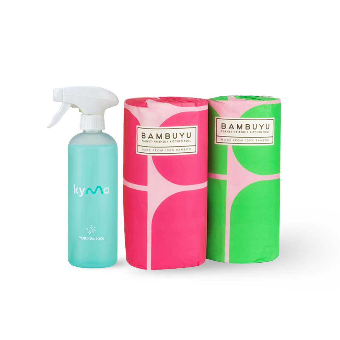 Kyma × Bambuyu The Clean Pair set with eco-friendly cleaning spray and reusable bamboo towels sustainable, non-toxic home cleaning essentials.