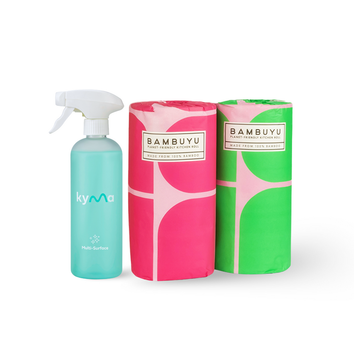 Kyma × Bambuyu The Clean Pair set with eco-friendly cleaning spray and reusable bamboo towels sustainable, non-toxic home cleaning essentials.