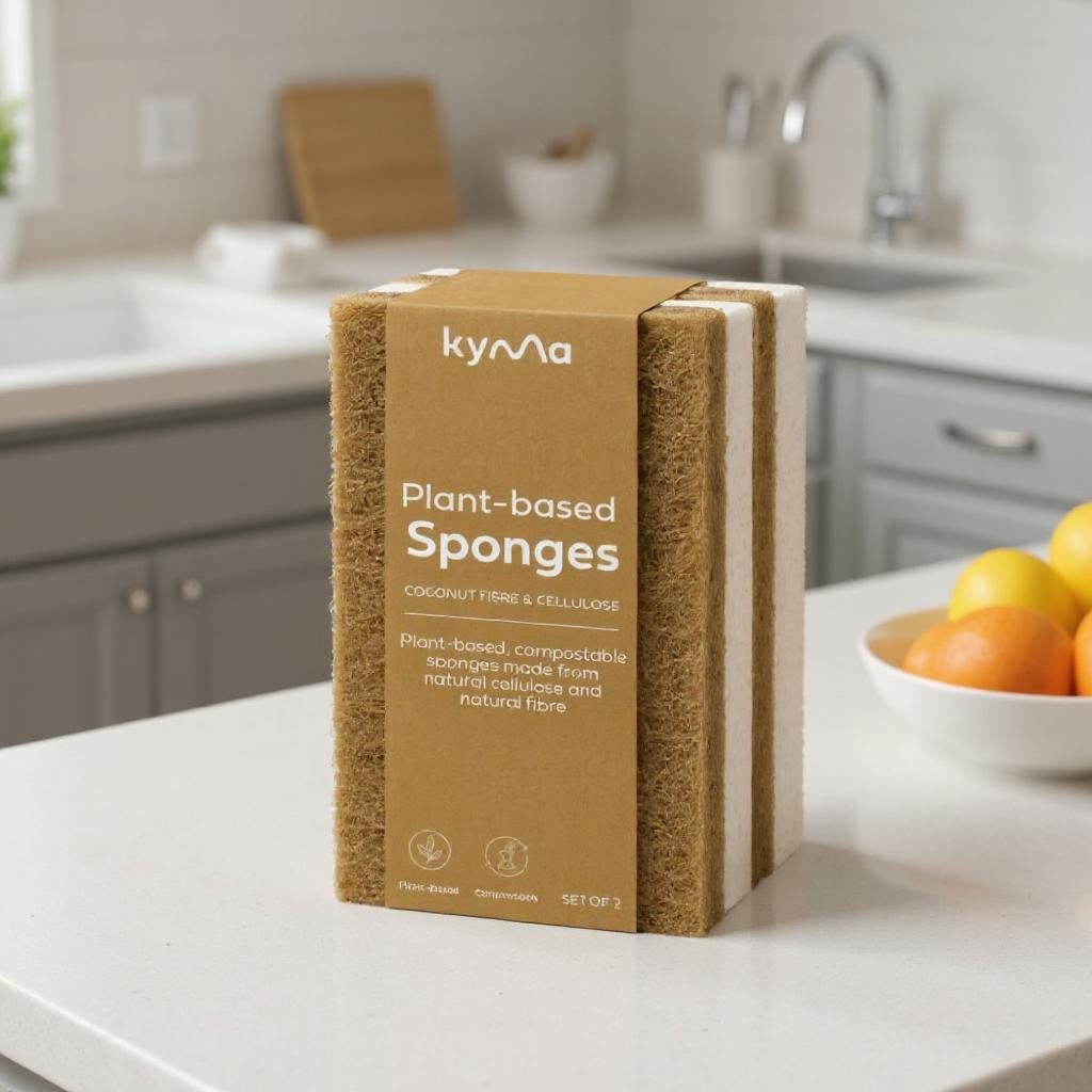 Kyma Plant-Based Coconut & Cellulose Sponges. natural, compostable kitchen sponges made from coconut fiber and cellulose for eco-friendly cleaning.