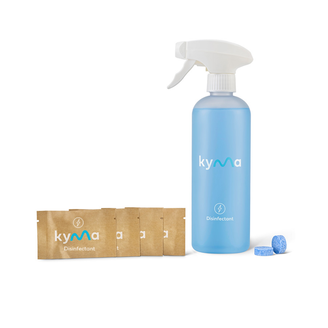 A Kyma Disinfectant Starter Bundle featuring a sleek blue 500ml spray bottle alongside four refill sachets and two blue dissolvable tablets, designed for powerful, eco-friendly home disinfection.