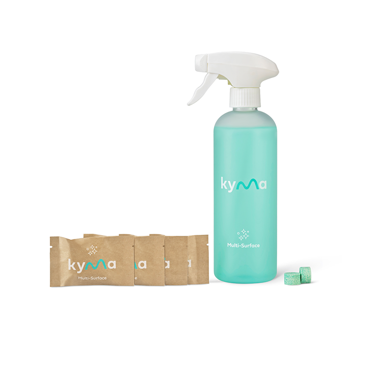 A Kyma Disinfectant Bundle featuring a sleek blue 500ml spray bottle alongside four refill sachets and two blue dissolvable tablets, designed for powerful, eco-friendly home disinfection.