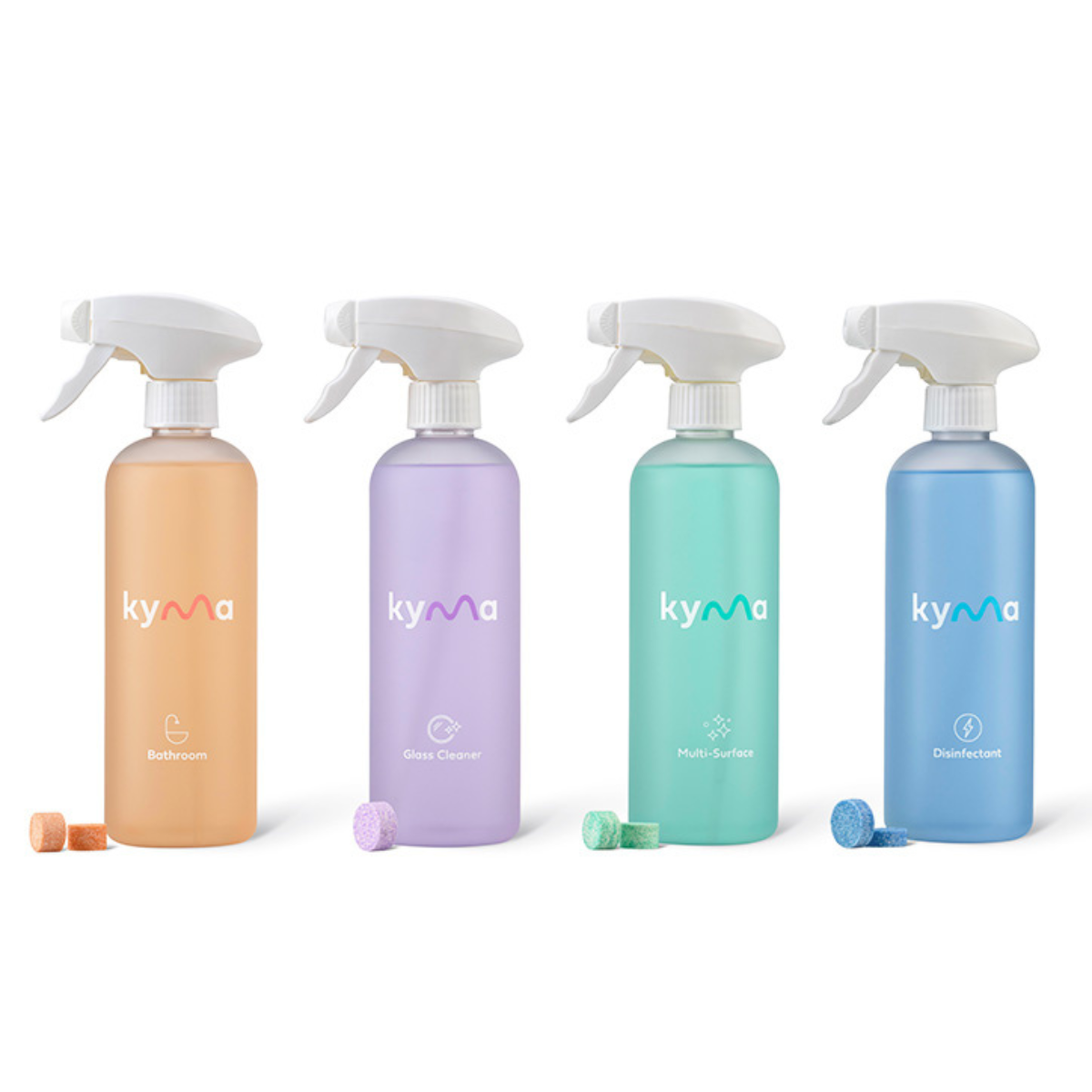 Kyma Fab Four Bundle featuring eco-friendly Disinfectant, Multi-Surface, Glass, and Bathroom cleaner tablets with a reusable spray bottle.