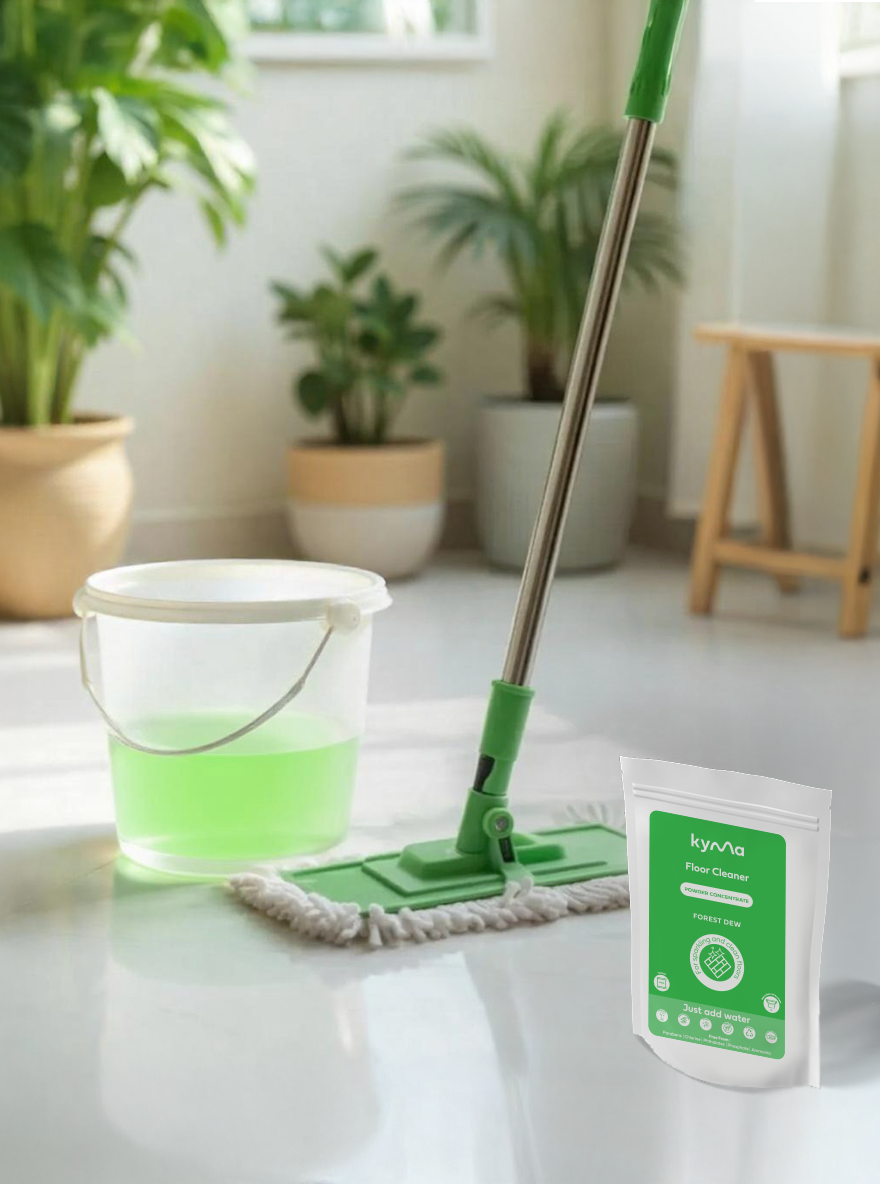 Kyma Floor Cleaner Forest Dew variant displayed beside a green mop and bucket filled with diluted cleaner on a shining white floor, surrounded by lush indoor plants illustrating an eco-friendly, natural floor cleaning experience.