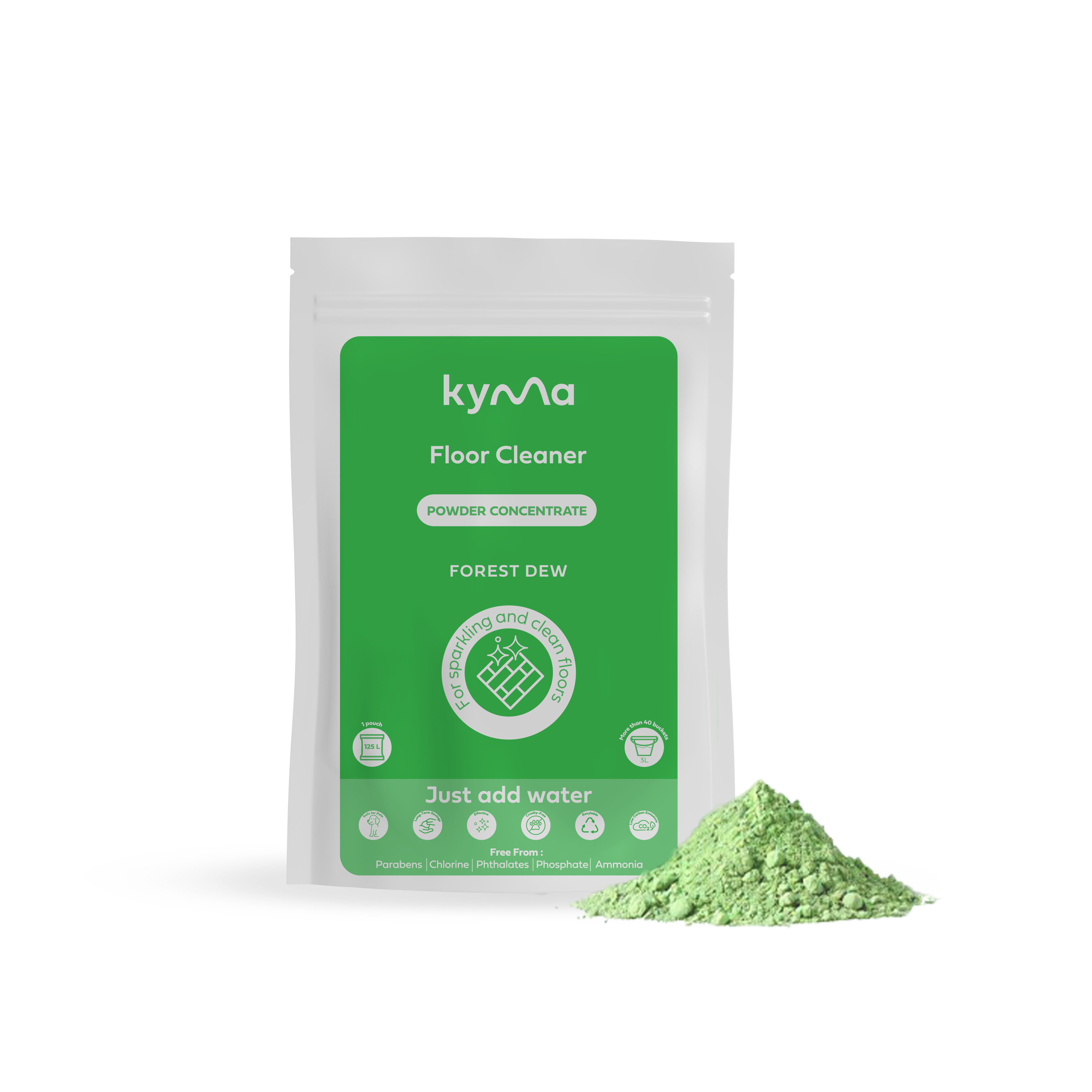 Kyma Floor Cleaner in Forest Dew variant, featuring an eco-friendly powder concentrate pouch with natural green cleaning powder beside it designed for sparkling, chemical-free floors with a refreshing scent.