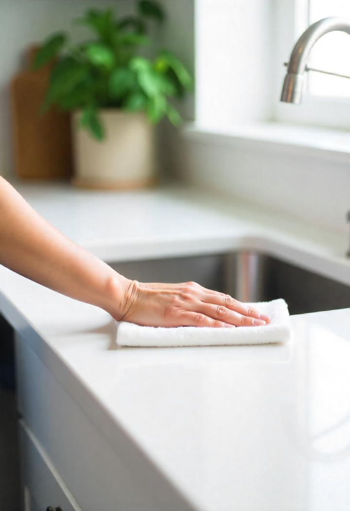 Hand wiping a kitchen countertop with a Kyma bamboo reusable towel, showcasing its strong absorption and eco-friendly cleaning performance.