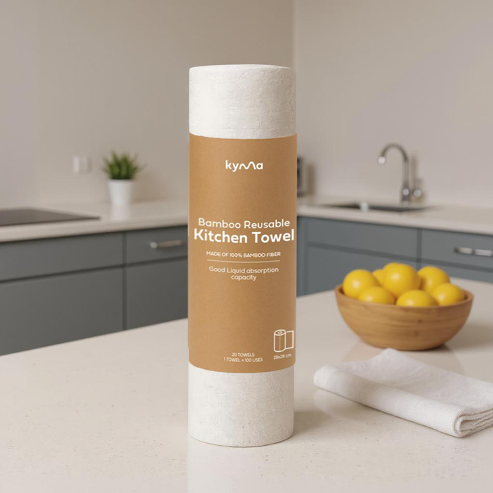 Kyma Bamboo Reusable Kitchen Towel roll made from 100% bamboo fiber washable, eco-friendly paper towel alternative for sustainable home cleaning.