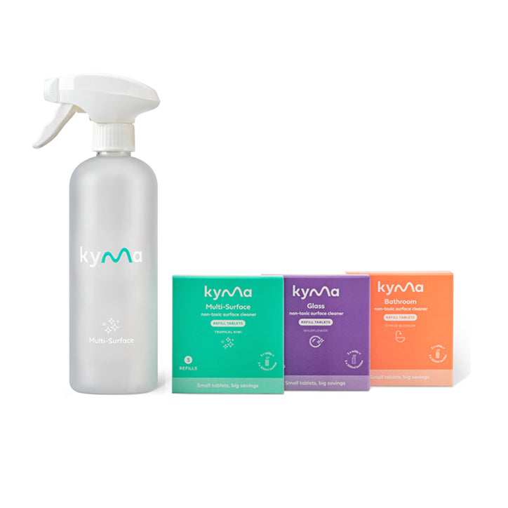 Kyma Starter Kit Bundle featuring one reusable spray bottle and three eco-friendly cleaning tablet packs for multi-surface, glass, and bathroom cleaning.